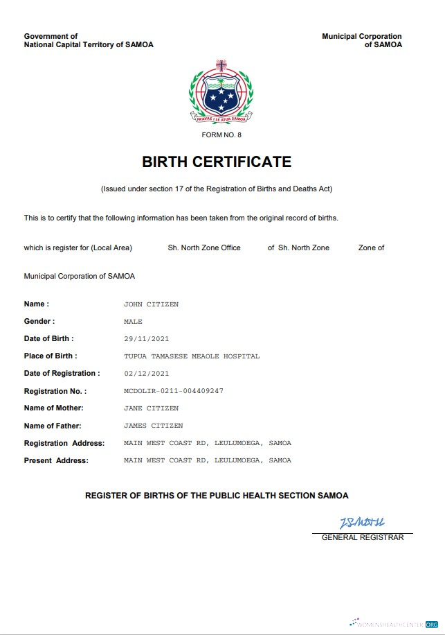 Download Samoa vital record birth certificate Word and PDF template Photoshop template